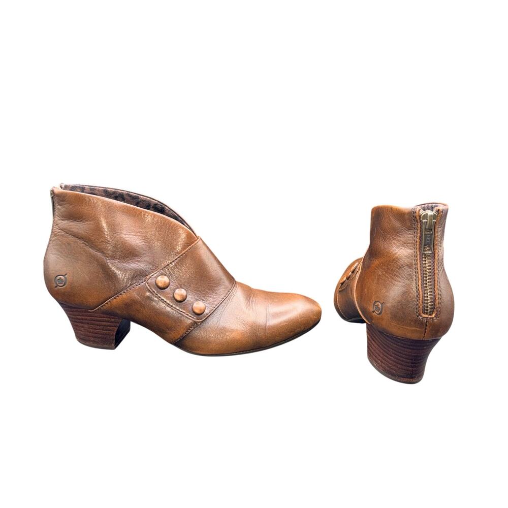 Born Jessen Brown Leather Ankle Booties Back Zip Heel Women’s Size 9
